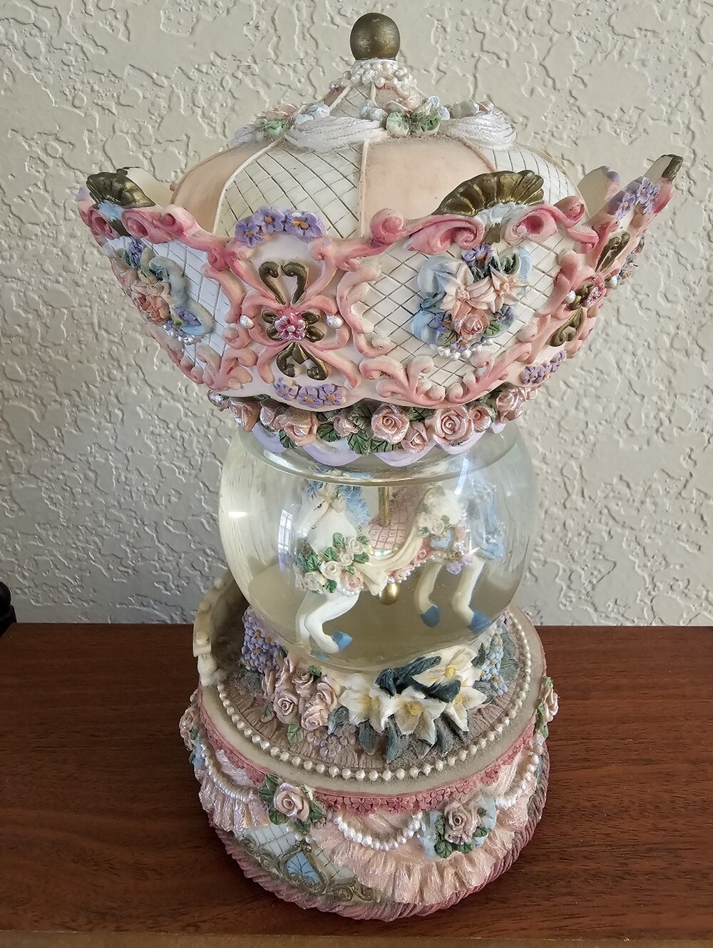 Ornate Pink Carousel Horse Music Box Snow Globe